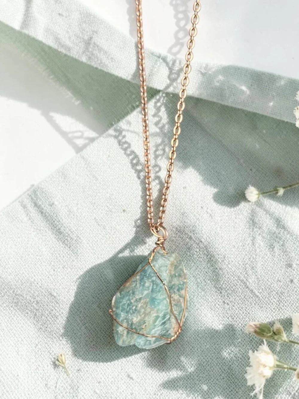 AMAZONITE raw cute natural wire wrapped stone pendant necklace on gold chain NEW